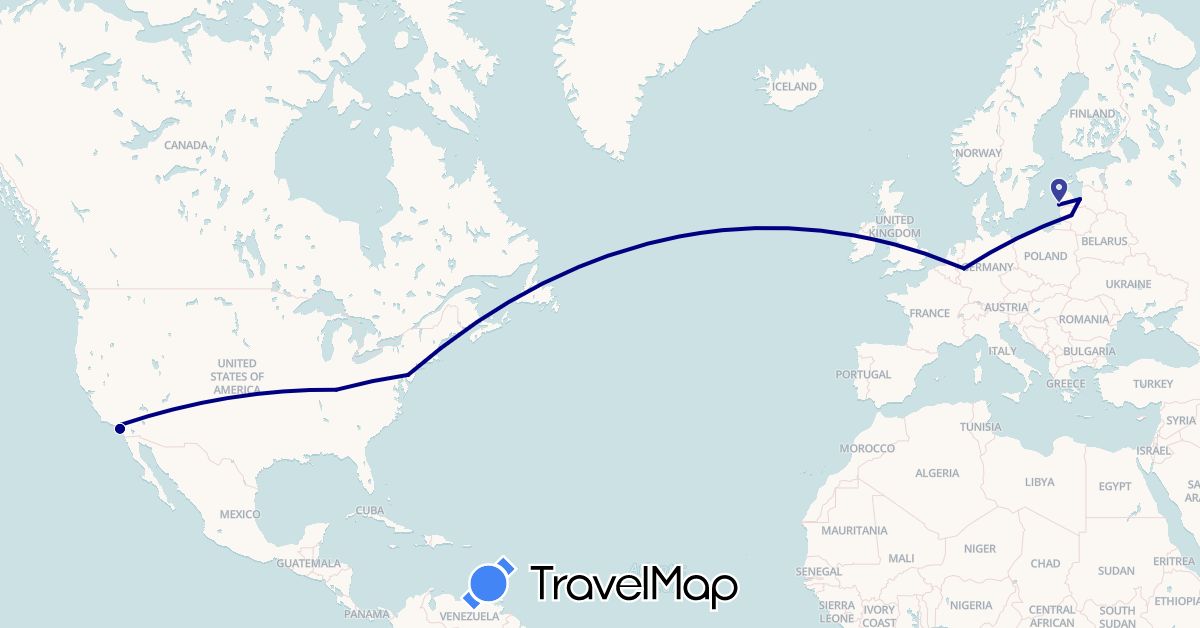 TravelMap itinerary: driving in Germany, Lithuania, Latvia, United States (Europe, North America)